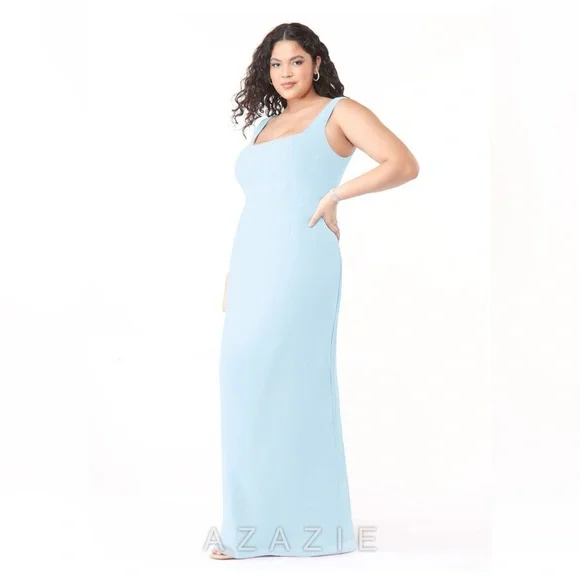 Sky Blue Sheath Square Neck Chiffon Dress - Picture 5 of 9